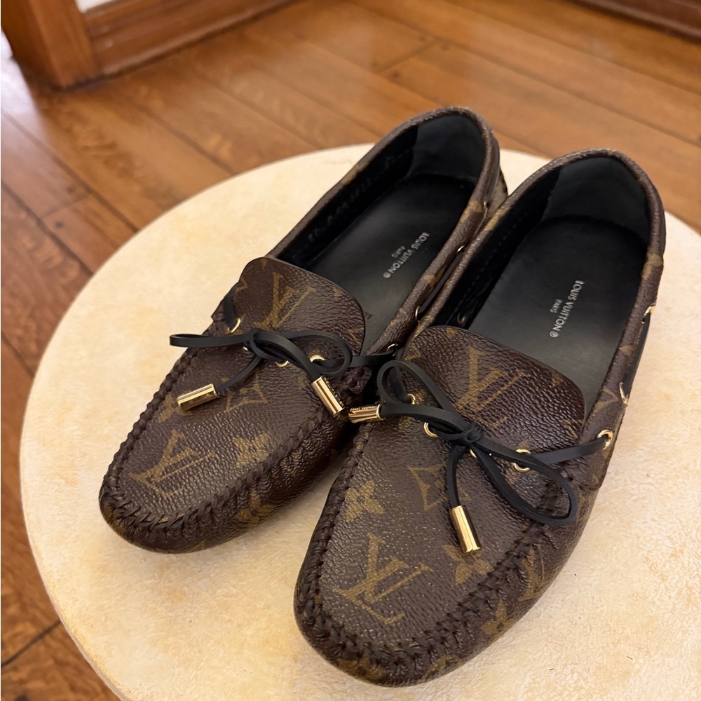Louis Vuitton Brown Monogram Canvas Driving Loafers with Gold Accents